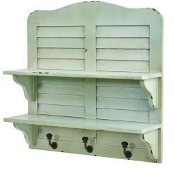 Shelving*Nearly Natural 2-Shelf 20" Vintage Window Shutter Shelving with Hooks Wall Decor, Green (7034)