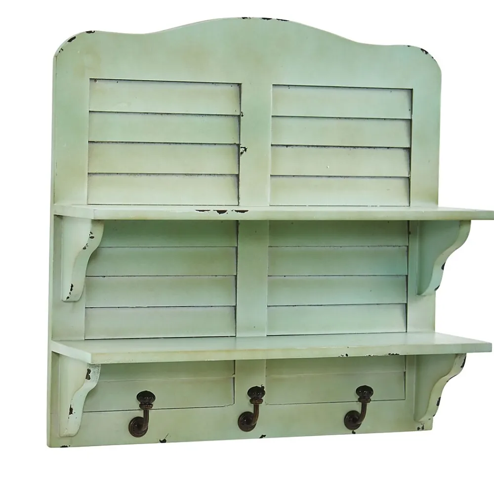Shelving*Nearly Natural 2-Shelf 20" Vintage Window Shutter Shelving with Hooks Wall Decor, Green (7034)