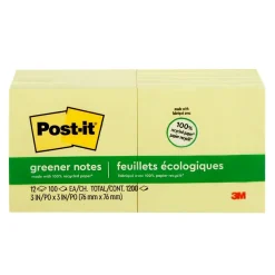 Post-It Notes*Post-it Greener Recycled Notes, 3" x 3", Canary Collection, 100 Sheet/Pad, 12 Pads/Pack (654-RP-YW)