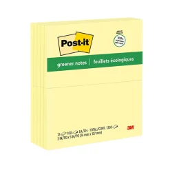 Post-It Notes*Post-it Greener Recycled Notes, 3" x 5", Canary Collection, 100 Sheet/Pad, 12 Pads/Pack (655RPYW)