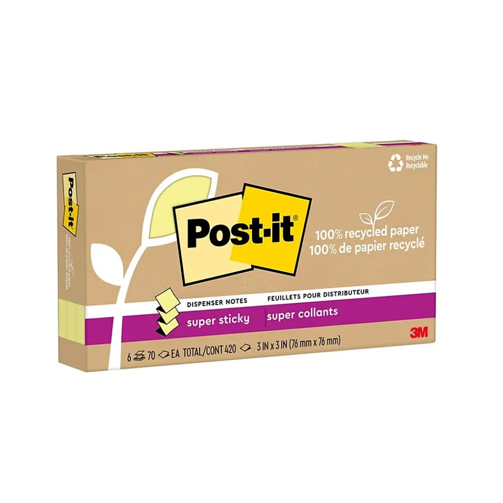 Post-It Notes*Post-it Recycled Super Sticky Pop-up Notes, 3" x 3", Canary Collection, 70 Sheet/Pad, 6 Pads/Pack (R330R-6SSCY) Canary Yellow