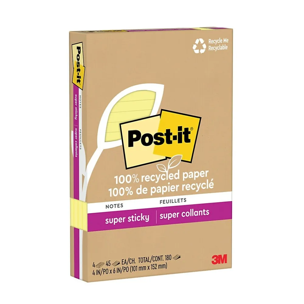 Post-It Notes*Post-it Recycled Super Sticky Notes, 4" x 6", Canary Collection, 45 Sheet/Pad, 4 Pads/Pack (4621R-4SSCY) Canary Yellow