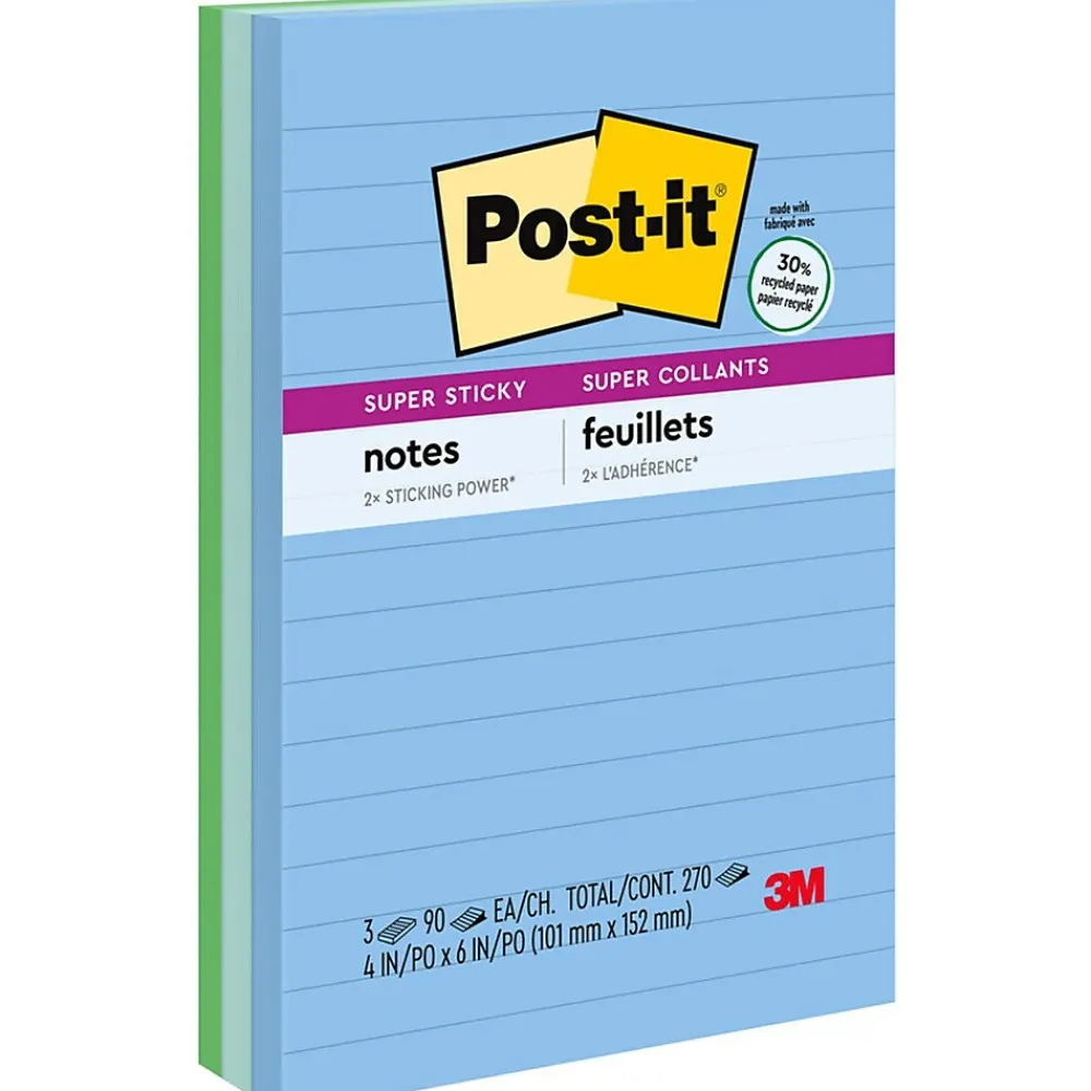 Post-It Notes*Post-it Recycled Super Sticky Notes, 4" x 6", Oasis Collection, Lined, 90 Sheet/Pad, 3 Pads/Pack (6603SST)