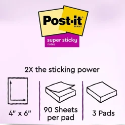 Post-It Notes*Post-it Recycled Super Sticky Notes, 4" x 6", Wanderlust Pastels Collection, Lined, 90 Sheet/Pad, 3 Pads/Pack (6603SSNRP)