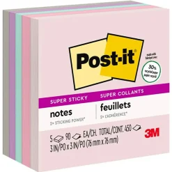 Post-It Notes*Post-it Recycled Super Sticky Notes, 3" x 3", Collection, 90 Sheet/Pad, 5 Pads/Pack (654-5SSNRP) Wanderlust Pastels