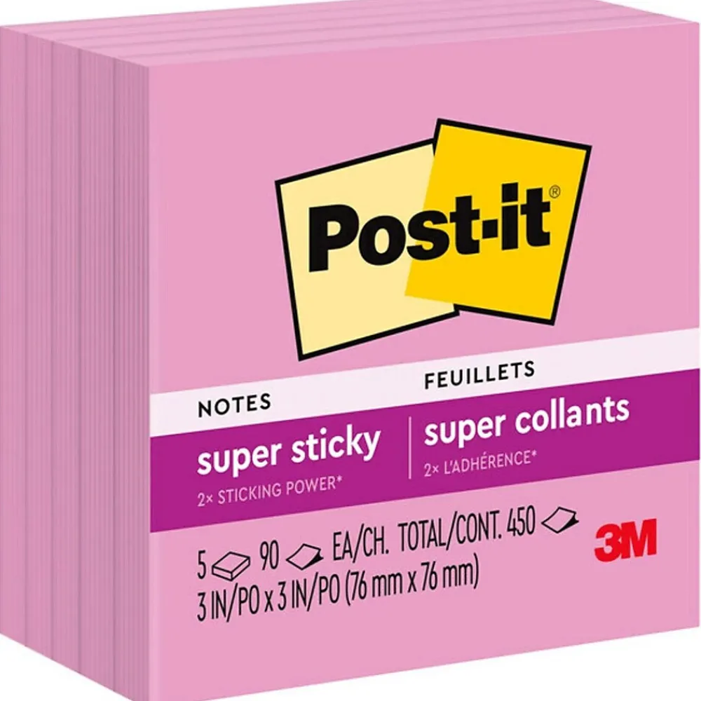 Post-It Notes*Post-it Super Sticky Notes, 3" x 3", , 90 Sheet/Pad, 5 Pads/Pack (654-5SSNP) Neon Pink