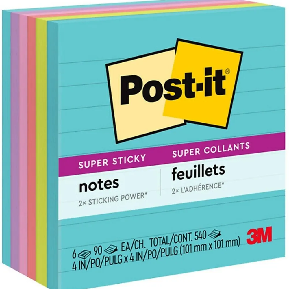 Post-It Notes*Post-it Super Sticky Notes, 4" x 4", Supernova Neons Collection, Lined, 90 Sheet/Pad, 6 Pads/Pack (675-6SSMIA)