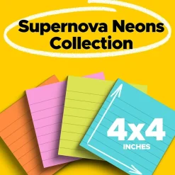 Post-It Notes*Post-it Super Sticky Notes, 4" x 4", Supernova Neons Collection, Lined, 45 Sheet/Pad, 4 Pads/Pack (4421-4SSMX)