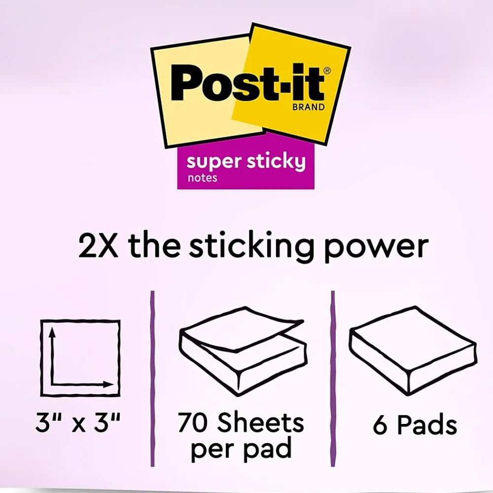 Sticky Notes*Post-it Super Sticky Notes, 3" x 3", Wanderlust Pastels Collection, 70 Sheet/Pad, 6 Pads/Pack (6546SSNRP)