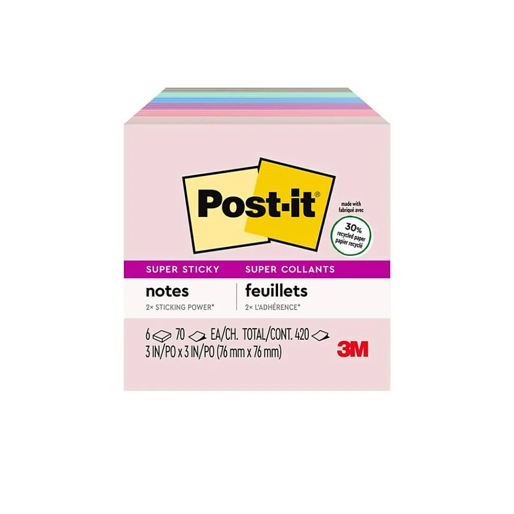 Sticky Notes*Post-it Super Sticky Notes, 3" x 3", Wanderlust Pastels Collection, 70 Sheet/Pad, 6 Pads/Pack (6546SSNRP)