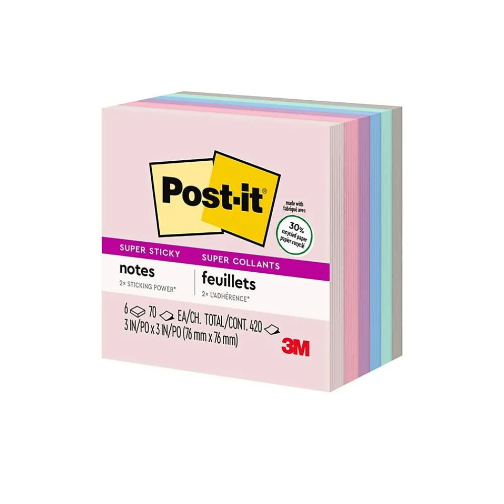 Sticky Notes*Post-it Super Sticky Notes, 3" x 3", Wanderlust Pastels Collection, 70 Sheet/Pad, 6 Pads/Pack (6546SSNRP)