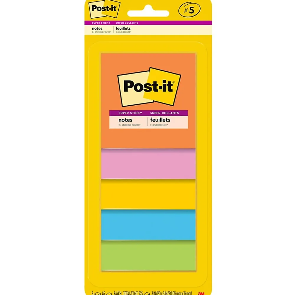 Post-It Notes*Post-it Super Sticky Notes, 3" x 3", Energy Boost Collection, 45 Sheet/Pad, 5 Pads/Pack (3321-5SSAU)