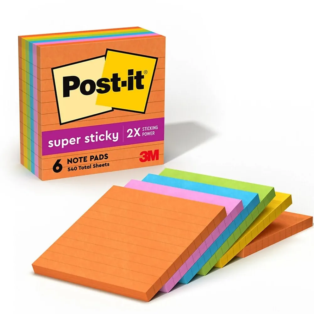 Post-It Notes*Post-it Super Sticky Notes, 4" x 4", Energy Boost Collection, Lined, 90 Sheet/Pad, 6 Pads/Pack (6756SSUC)