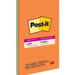 Sticky Notes*Post-it Super Sticky Notes, 5" x 8", Energy Boost Collection, Lined, 45 Sheet/Pad, 4 Pads/Pack (5845SSUC)