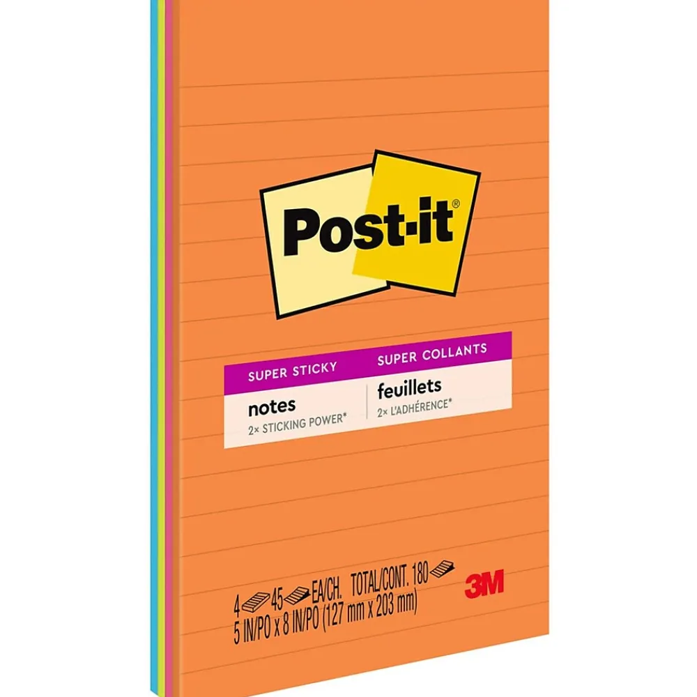 Sticky Notes*Post-it Super Sticky Notes, 5" x 8", Energy Boost Collection, Lined, 45 Sheet/Pad, 4 Pads/Pack (5845SSUC)