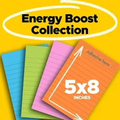 Sticky Notes*Post-it Super Sticky Notes, 5" x 8", Energy Boost Collection, Lined, 45 Sheet/Pad, 4 Pads/Pack (5845SSUC)