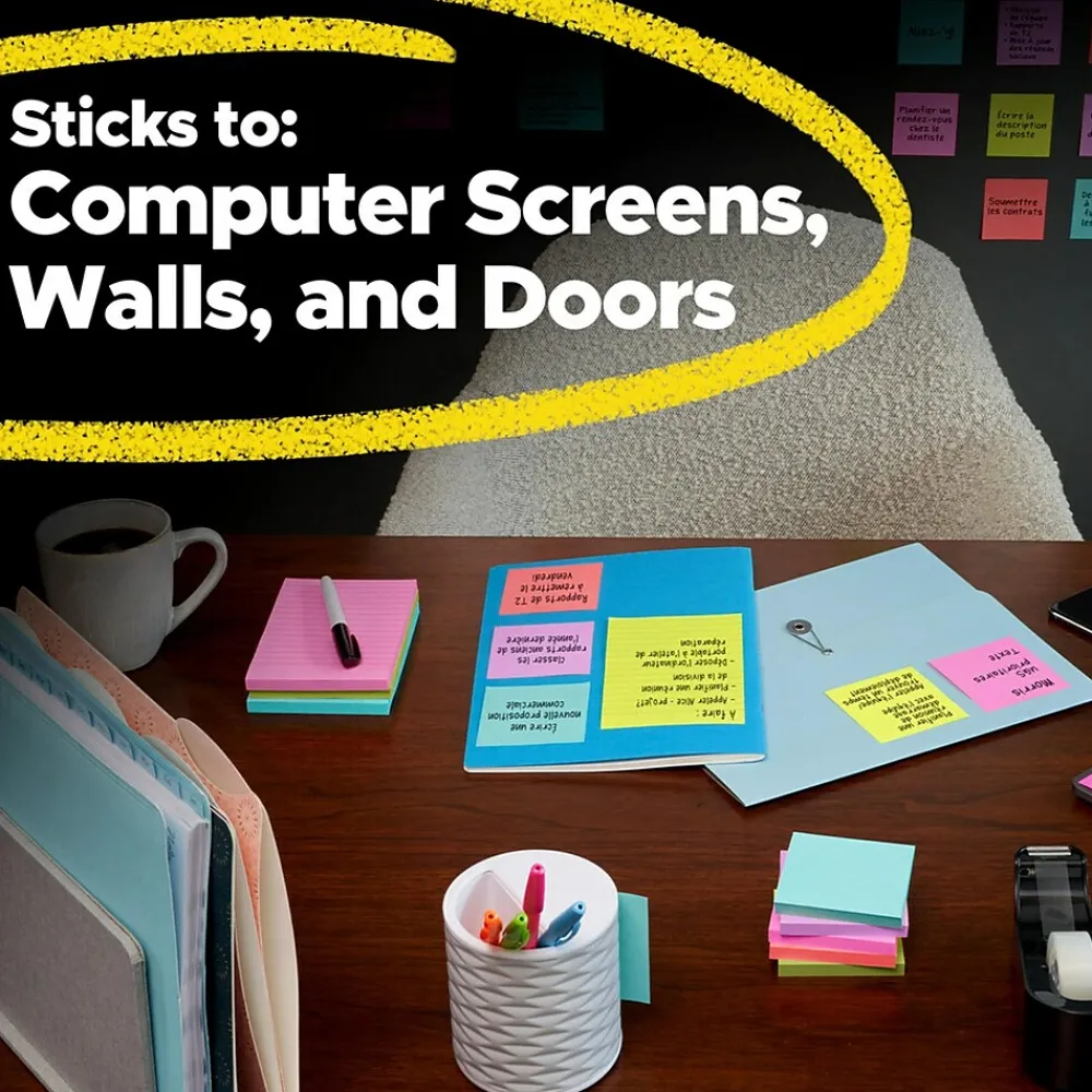 Sticky Notes*Post-it Super Sticky Notes, 5" x 8", Energy Boost Collection, Lined, 45 Sheet/Pad, 4 Pads/Pack (5845SSUC)