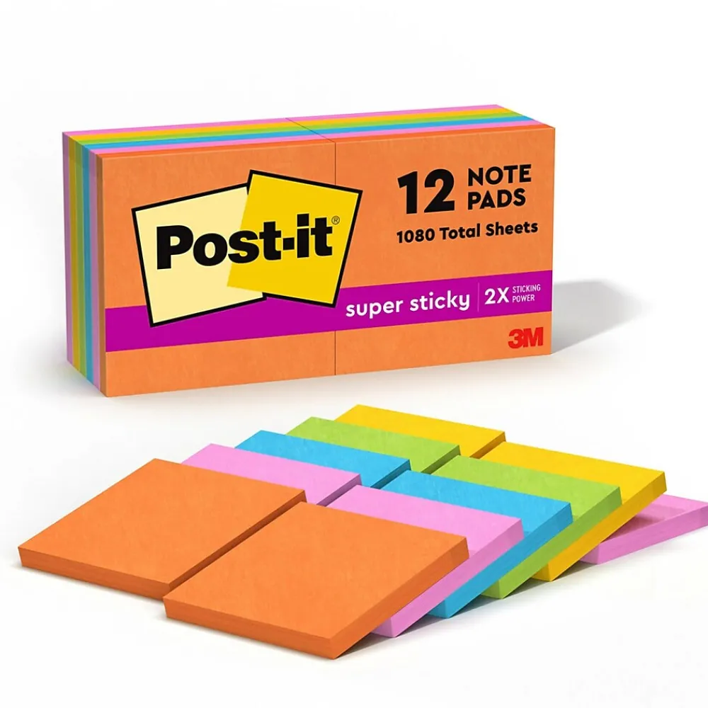 Post-It Notes*Post-it Super Sticky Notes, 3" x 3", Energy Boost Collection, 90 Sheet/Pad, 12 Pads/Pack (65412SSUC)