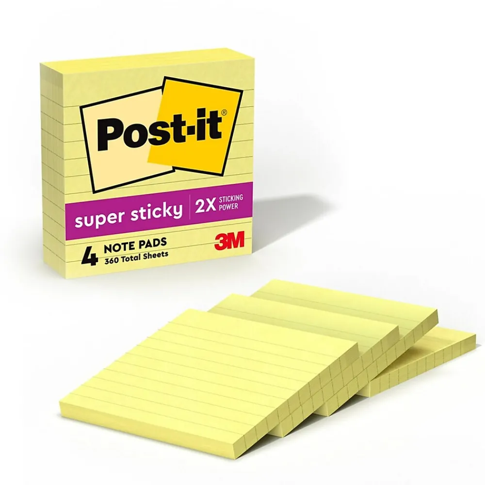 Post-It Notes*Post-it Super Sticky Notes, 4" x 4", Canary Collection, Lined, 90 Sheet/Pad, 4 Pads/Pack (675-4SSCY)