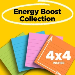Post-It Notes*Post-it Super Sticky Notes, 4" x 4", Energy Boost Collection, Lined, 90 Sheet/Pad, 4 Pads/Pack (675-4SSUC)