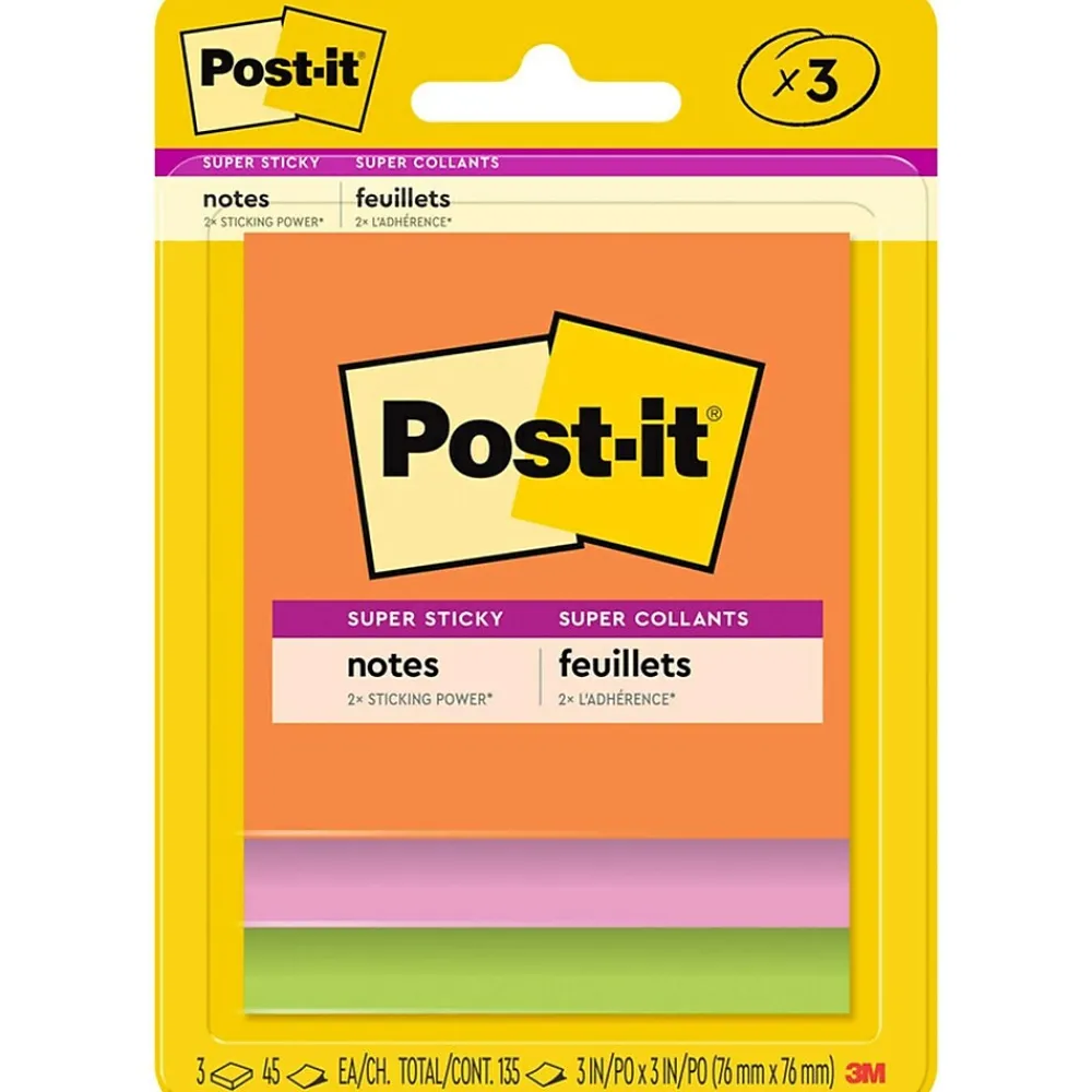 Post-It Notes*Post-it Super Sticky Notes, 3" x 3", Energy Boost Collection, 45 Sheet/Pad, 4 Pads/Pack (3221-SSAU)