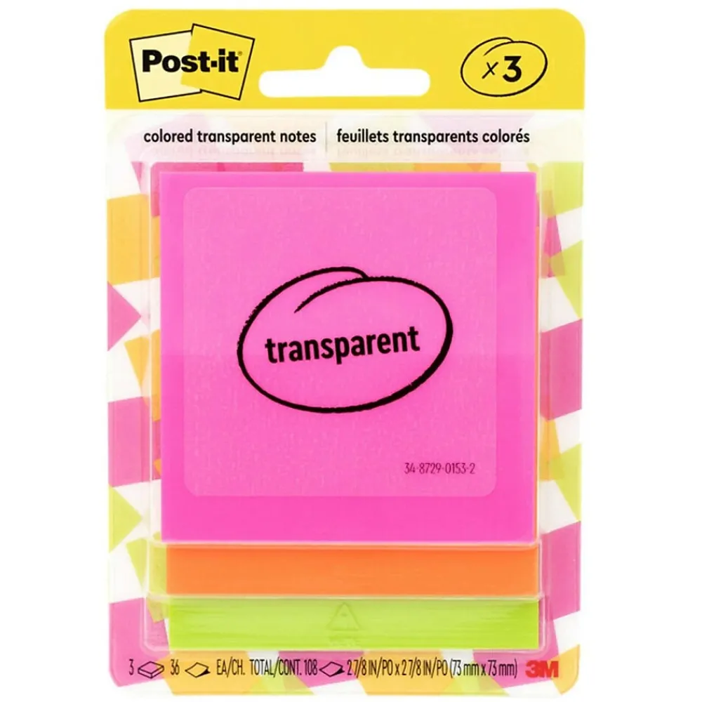Post-It Notes*Post-it Transparent Notes, 2.8" x 2.8", Assorted Collection, 30 Sheet/Pad, 3 Pads/Pack (600-3COL)
