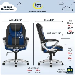 Office Chairs*Serta Amplify Ergonomic Faux Leather Swivel Executive Chair, Blue (43673B)