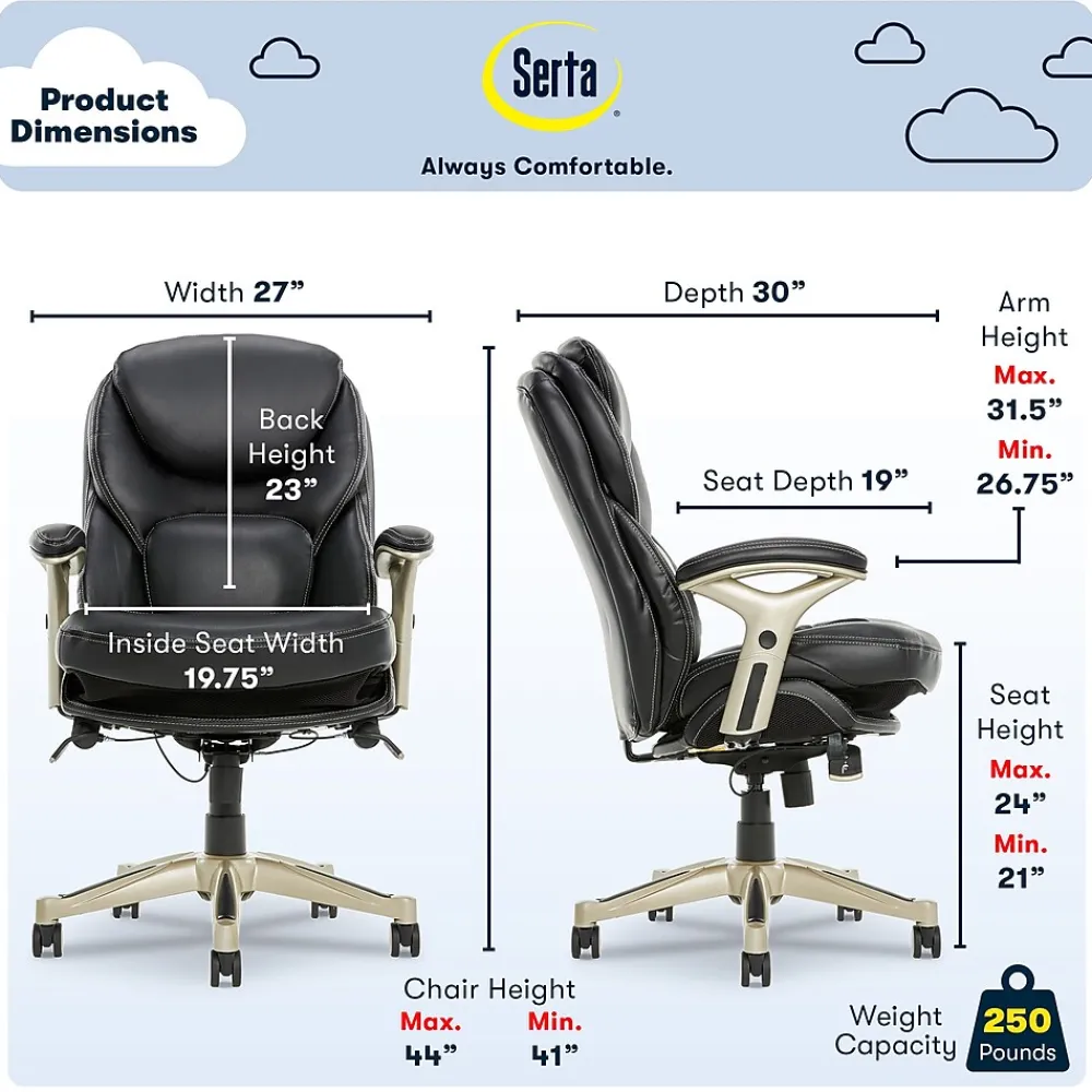 Ergonomic Chairs*Serta Claremont Ergonomic Leather Swivel Executive Chair with Back in Motion Technology, (CHR200006) Black