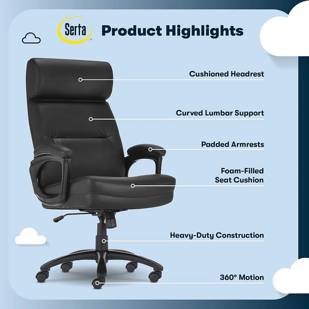 Office Chairs*Serta Comfort Big & Tall Ergonomic Bonded Leather Swivel Executive Chair, Black (CHR10131A)