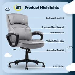 Office Chairs*Serta Comfort Classic Ergonomic Velvet Fabric Swivel Executive Chair, Gray (CCHR10005A)
