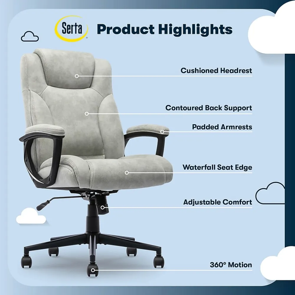 Office Chairs*Serta Comfort Eco Ergonomic Velvet Fabric Swivel Executive Chair, Light Grey (CCHR10006A)