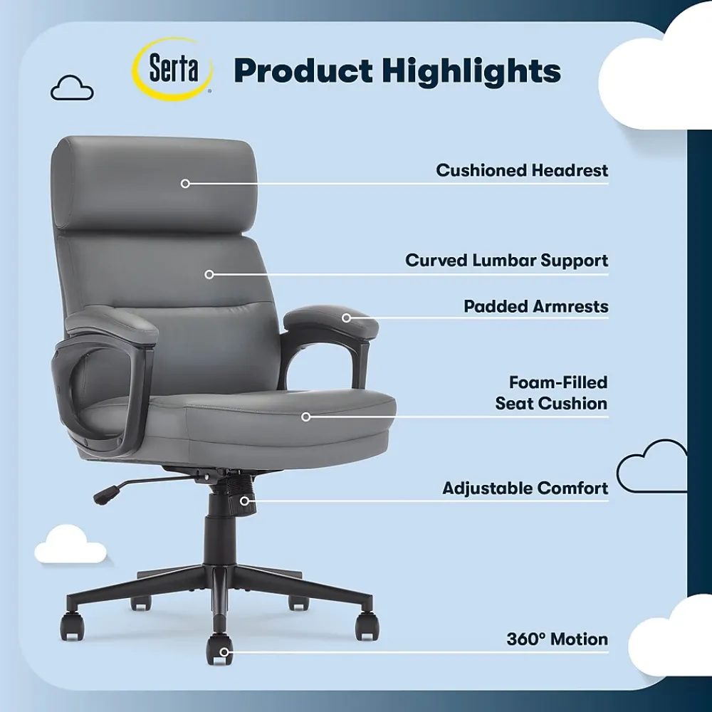 Office Chairs*Serta Comfort Ergonomic Bonded Leather Swivel Executive Chair, Gray (CHR10130C)
