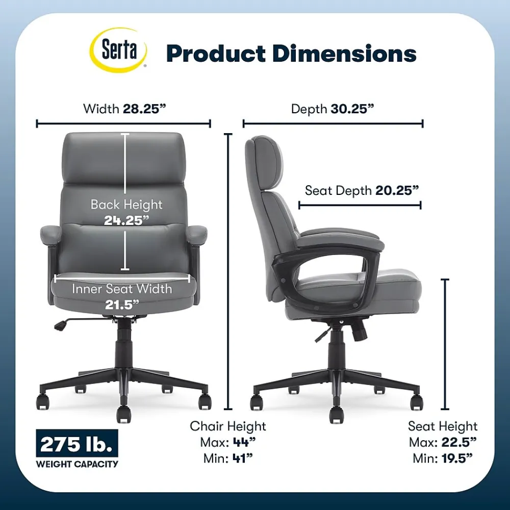 Office Chairs*Serta Comfort Ergonomic Bonded Leather Swivel Executive Chair, Gray (CHR10130C)