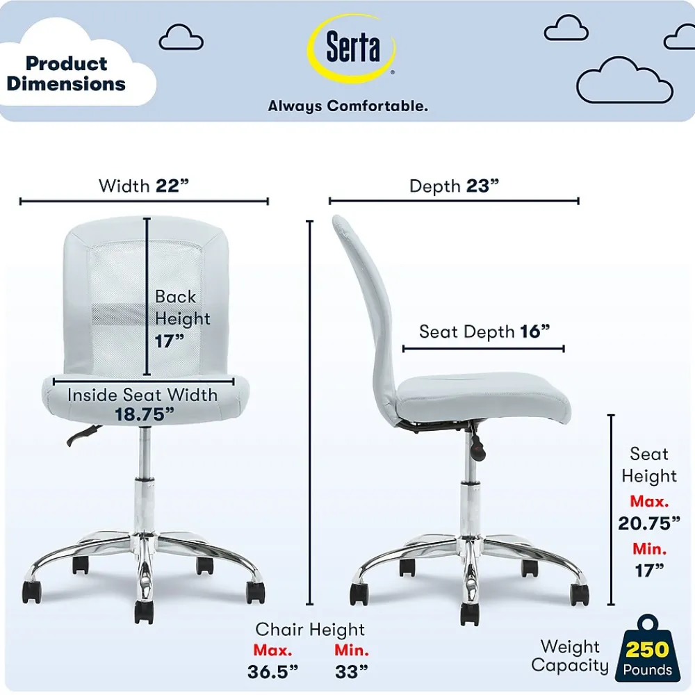 Ergonomic Chairs*Serta Essentials Armless Ergonomic Bonded Leather/Mesh Swivel Task Chair, (48740D) Blue