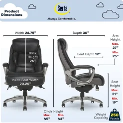 Office Chairs*Serta Launtner Bonded Leather Executive Office Chair with Smart Layers Technology, Opportunity Gray/Black (44942A)