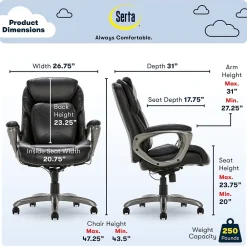 Office Chairs*Serta My Fit Ergonomic Bonded Leather Swivel Executive Chair, Black (CHR100013)