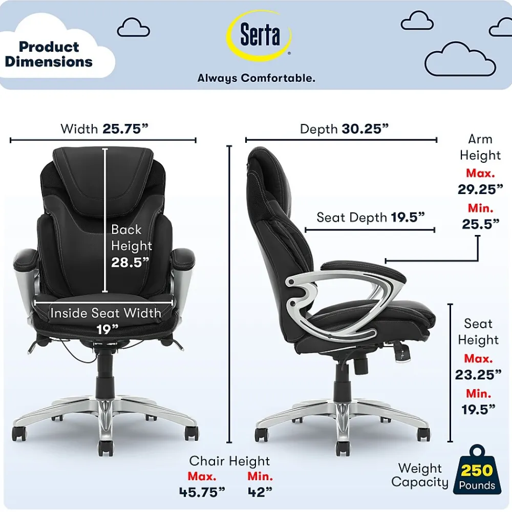 Ergonomic Chairs*Serta Works Bryce Ergonomic Bonded Leather Swivel Executive Chair, (43807A) Black