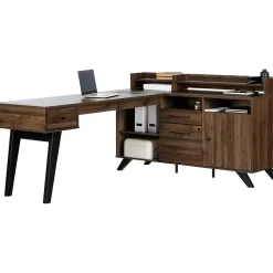 L-Desks*South Shore Helsy 78"W L-Shaped Computer Desk with Power Bar and Removable Hutch, Natural Walnut (13307)