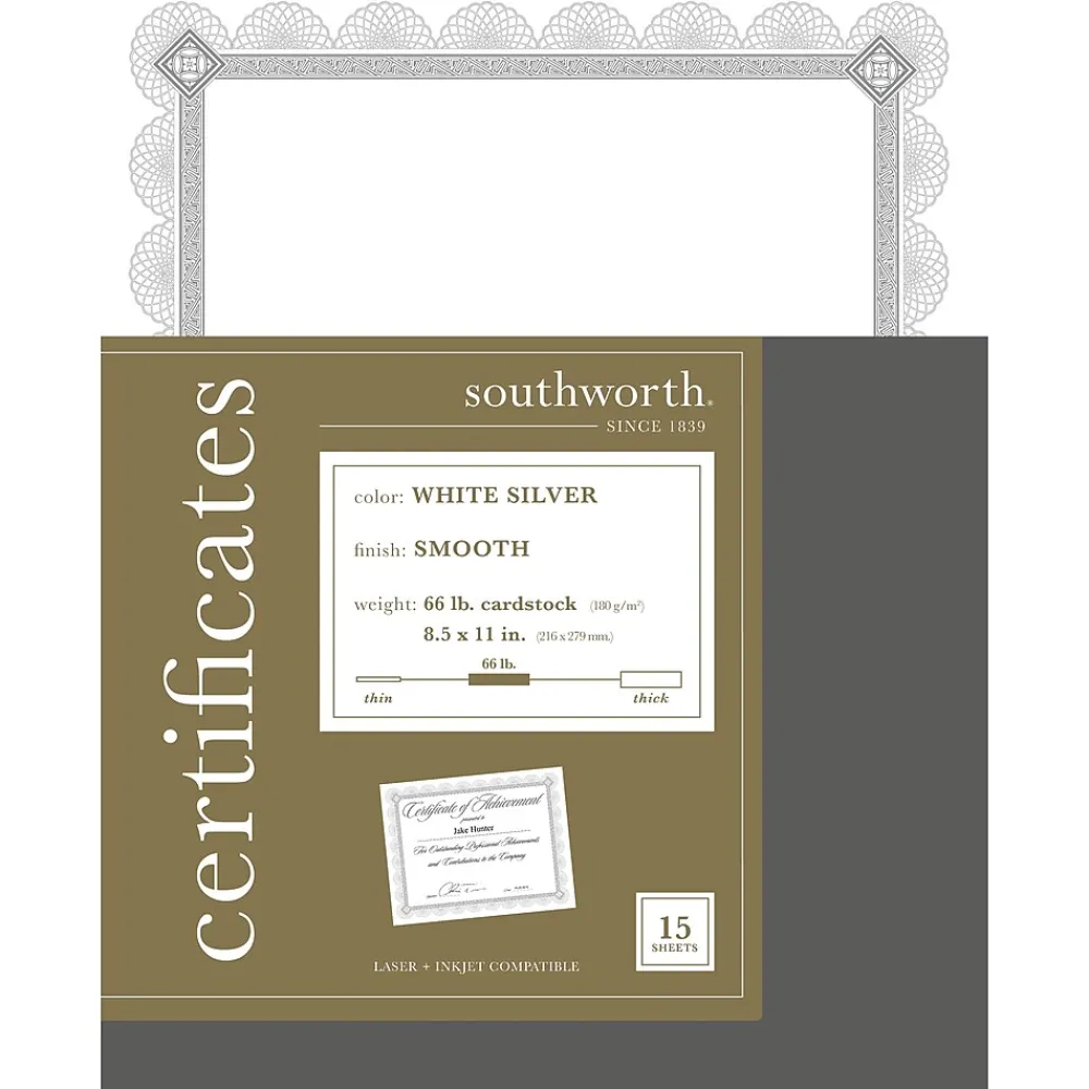 Awards & Certificates*Southworth Premium Spiro Design Certificates, 8.5" x 11", White/Silver, 15/Pack (CTP2W)