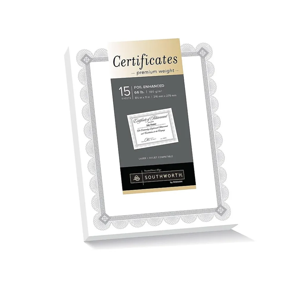 Awards & Certificates*Southworth Premium Spiro Design Certificates, 8.5" x 11", White/Silver, 15/Pack (CTP2W)