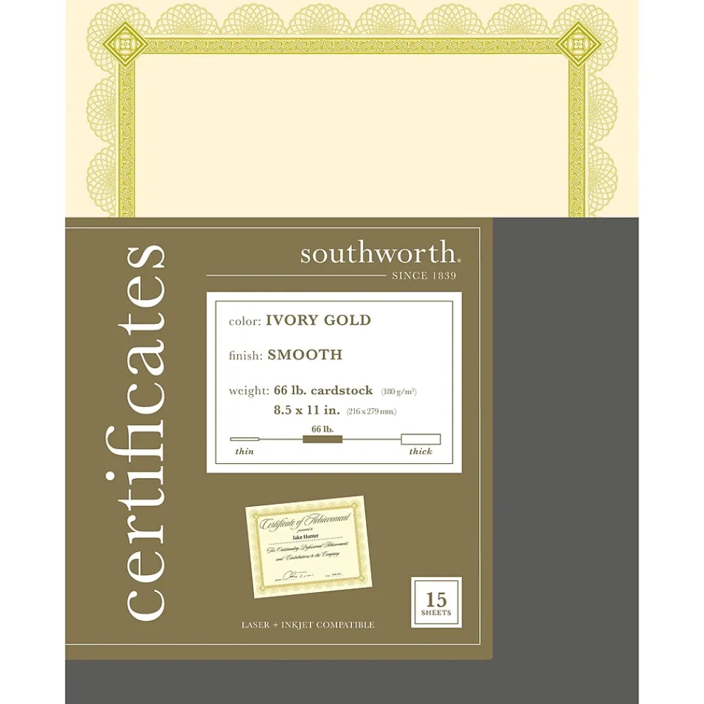 Awards & Certificates*Southworth Premium Spiro Design Certificates, 8.5" x 11", Ivory/Gold, 15/Pack (CTP2V)