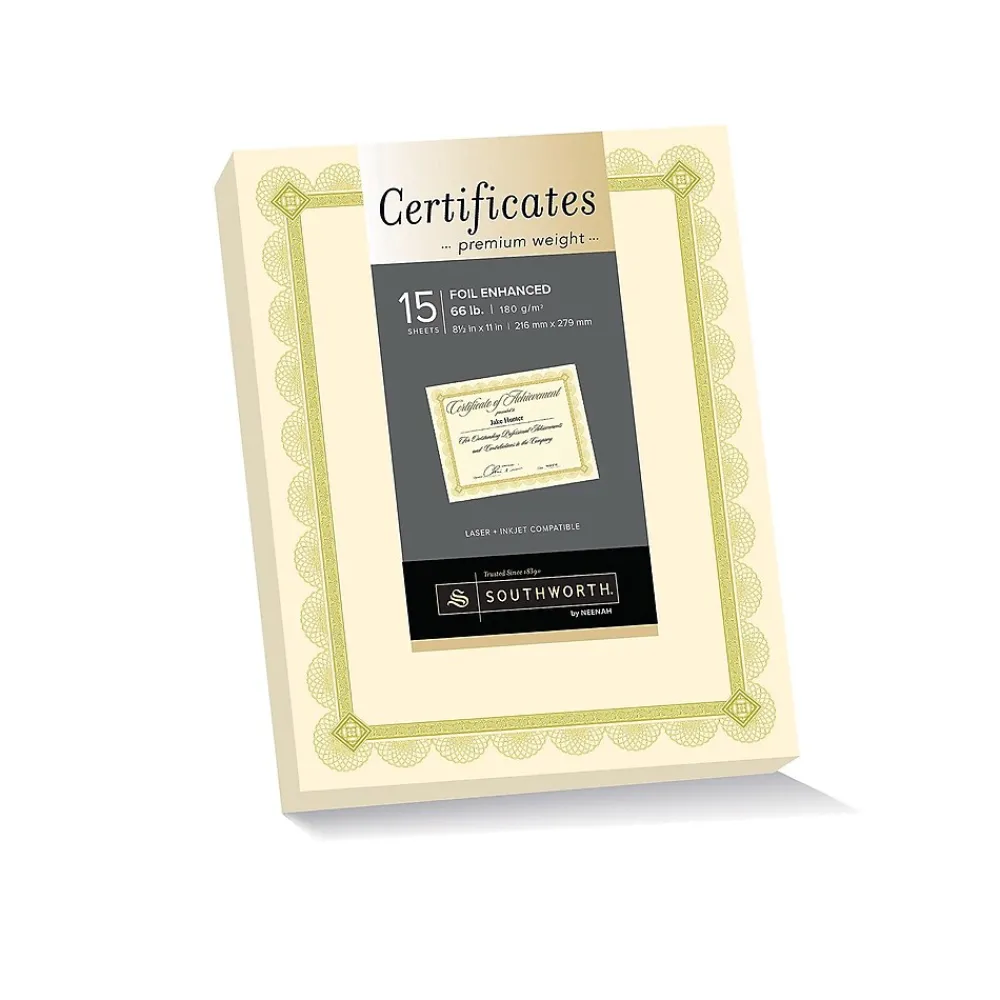 Awards & Certificates*Southworth Premium Spiro Design Certificates, 8.5" x 11", Ivory/Gold, 15/Pack (CTP2V)