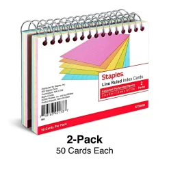 Index Cards*Staples ™ 3" x 5" Index Cards, Lined, Neon, 50 Cards/Pack, 2 Packs/Carton (TR50994)