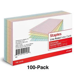 Index Cards*Staples 3" x 5" Index Cards, Lined, Assorted Colors, 100/Pack (TR51004)