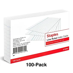 Index Cards*Staples 3" x 5" Index Cards, Narrow Ruled, White, 100/Pack (TR50993)