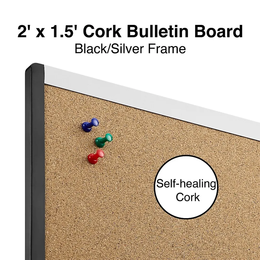 Bulletin*Staples Durable Cork Bulletin Board, Black/Silver Frame, 2' x 1.5' (ST52490-US)