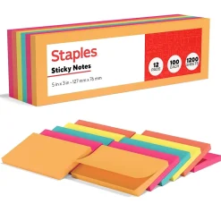 Sticky Notes*Staples Notes, 3" x 5", Pool Party Collection, 100 Sheet/Pad, 12 Pads/Pack (S-35BR12)