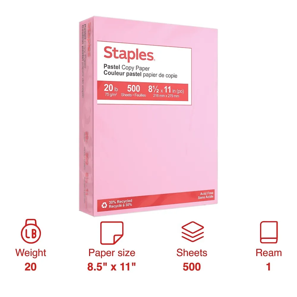 Multipurpose Paper*Staples Pastel 30% Recycled Color Copy Paper, 20 lbs., 8.5" x 11", , 500/Ream (14779) Pink