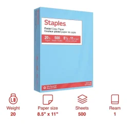 Multipurpose Paper*Staples Pastel 30% Recycled Color Copy Paper, 20 lbs., 8.5" x 11", , 500/Ream (14786) Blue