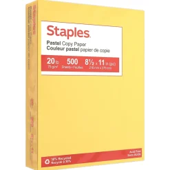 Multipurpose Paper*Staples Pastel 30% Recycled Color Copy Paper, 20 lbs., 8.5" x 11", , 500/Ream (14787) Canary